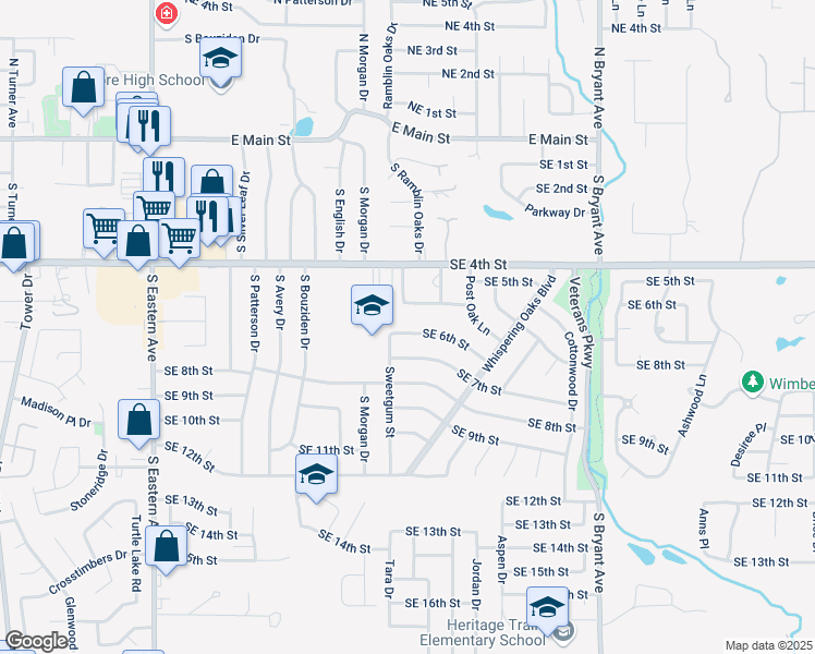 map of restaurants, bars, coffee shops, grocery stores, and more near 1417 Southeast 6th Street in Moore