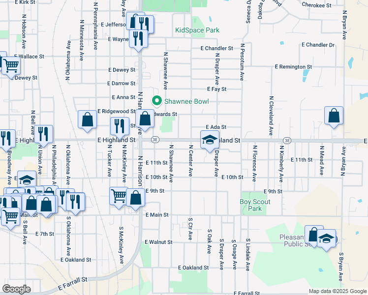 map of restaurants, bars, coffee shops, grocery stores, and more near 1105 Oklahoma 3E in Shawnee
