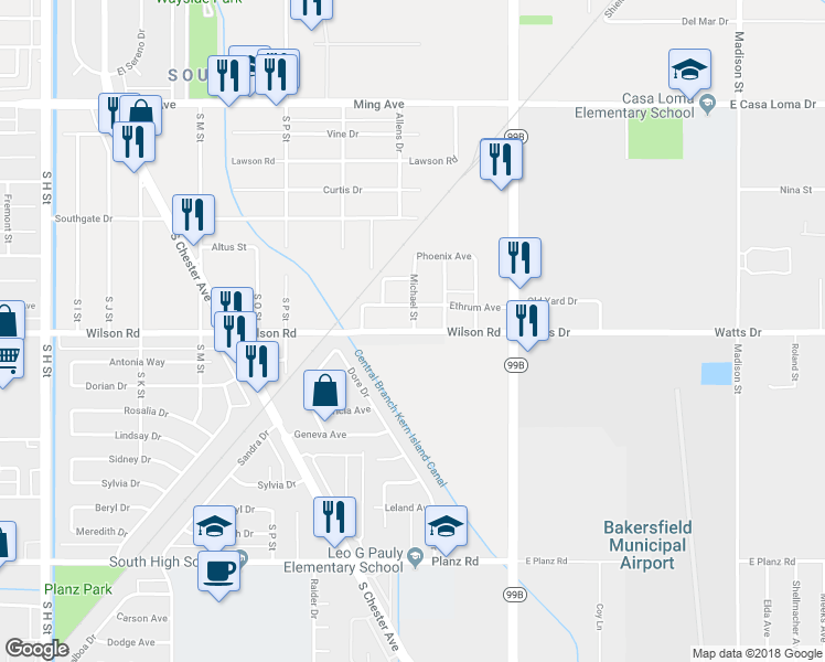 map of restaurants, bars, coffee shops, grocery stores, and more near 303 Wilson Road in Bakersfield