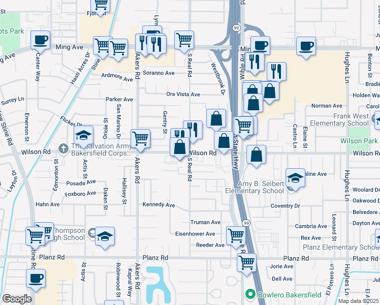 map of restaurants, bars, coffee shops, grocery stores, and more near Wilson Road & South Real Road in Bakersfield
