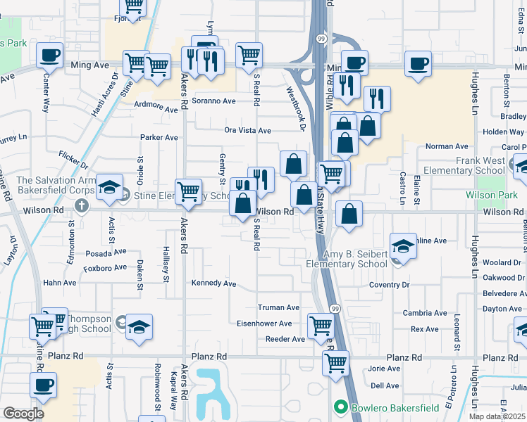 map of restaurants, bars, coffee shops, grocery stores, and more near 3620 Wilson Rd in Bakersfield