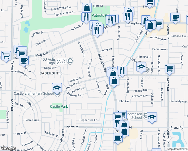map of restaurants, bars, coffee shops, grocery stores, and more near 2415 Bladen Street in Bakersfield