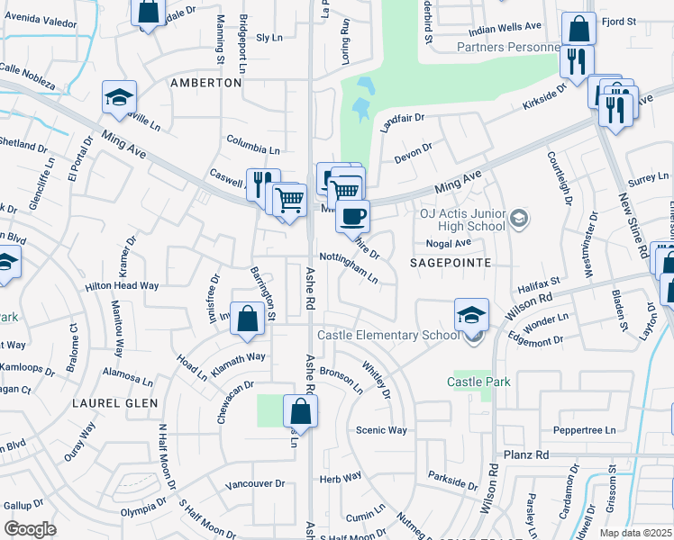 map of restaurants, bars, coffee shops, grocery stores, and more near 2504 Sutton Place in Bakersfield