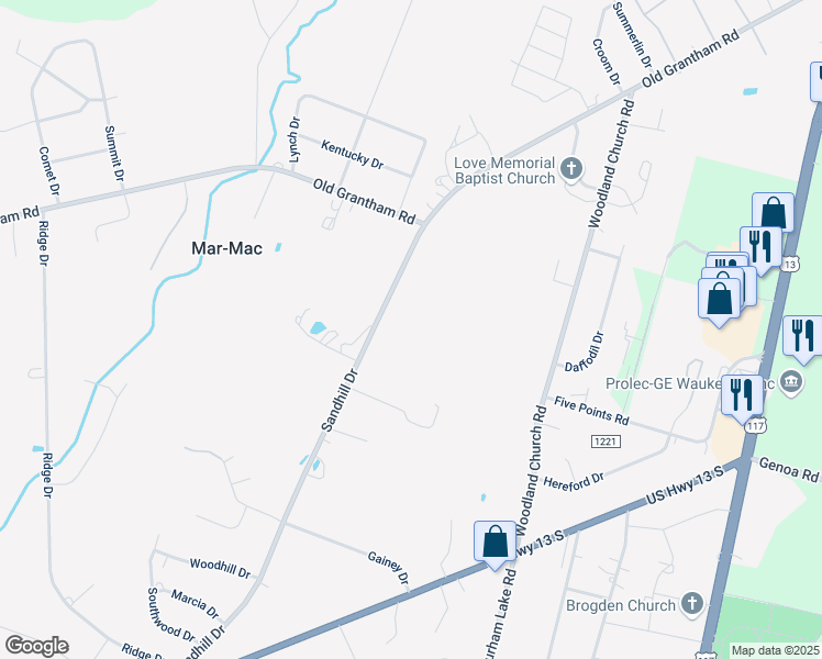 map of restaurants, bars, coffee shops, grocery stores, and more near 193 Sandhill Drive in Goldsboro