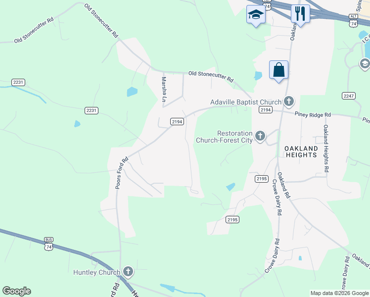map of restaurants, bars, coffee shops, grocery stores, and more near 170 Debby Lane in Rutherfordton