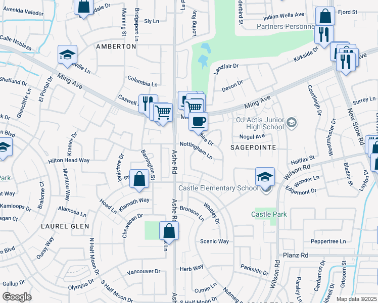 map of restaurants, bars, coffee shops, grocery stores, and more near 2504 Sutton Place in Bakersfield