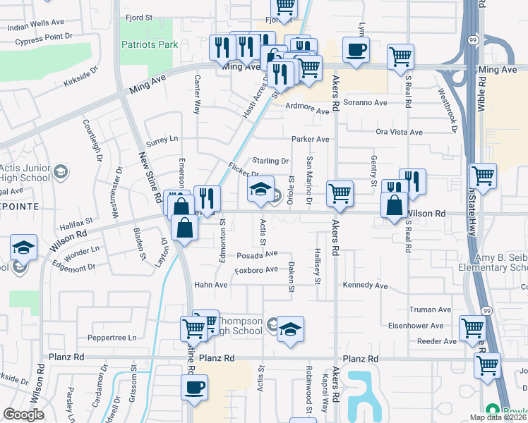 map of restaurants, bars, coffee shops, grocery stores, and more near in Bakersfield