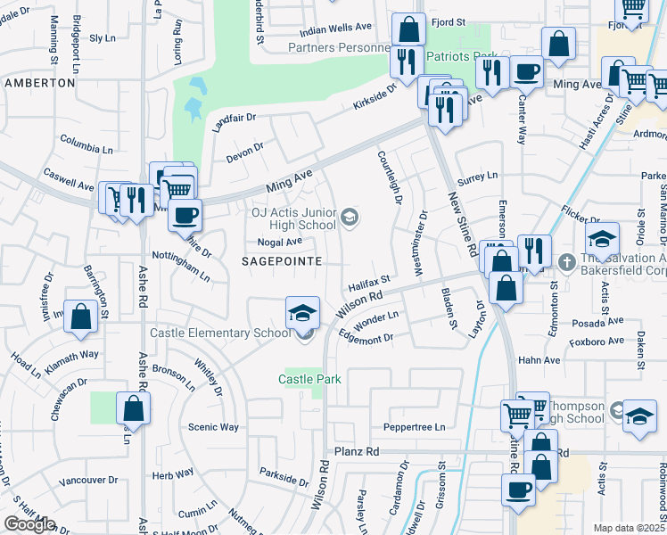 map of restaurants, bars, coffee shops, grocery stores, and more near 2425 Westholme Boulevard in Bakersfield
