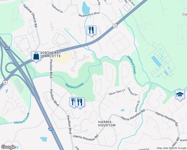 map of restaurants, bars, coffee shops, grocery stores, and more near 1045 Reigate Road in Charlotte