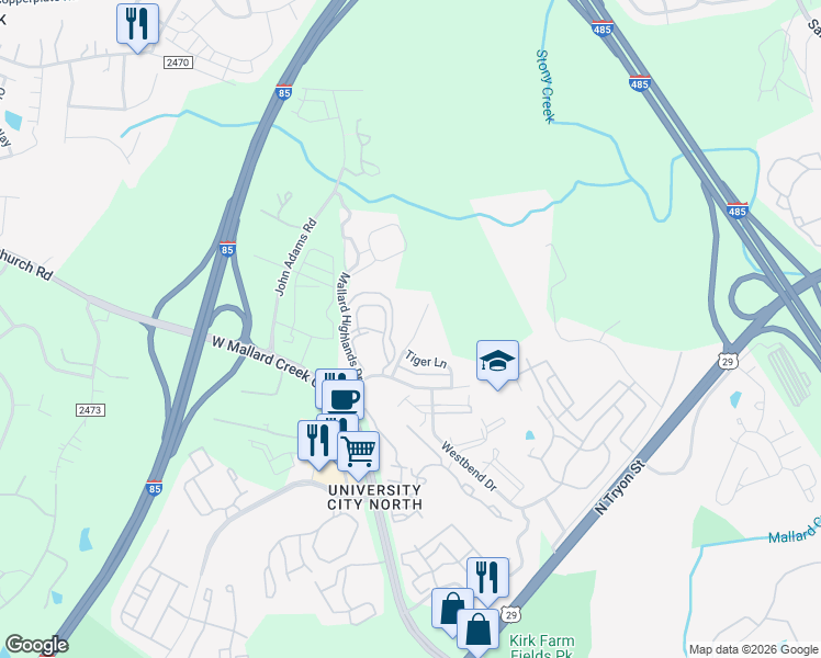 map of restaurants, bars, coffee shops, grocery stores, and more near 10259 Garrett Grigg Road in Charlotte