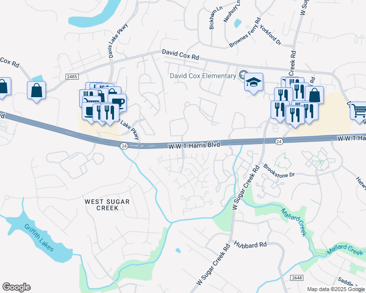 map of restaurants, bars, coffee shops, grocery stores, and more near 4511 West W.T.Harris Boulevard in Charlotte