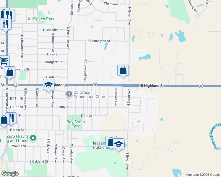 map of restaurants, bars, coffee shops, grocery stores, and more near 1901 East Highland Street in Shawnee