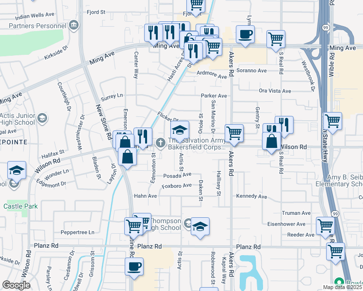 map of restaurants, bars, coffee shops, grocery stores, and more near 4300 Wilson Road in Bakersfield