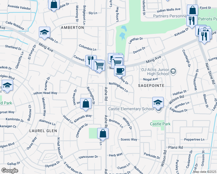 map of restaurants, bars, coffee shops, grocery stores, and more near 2408 Ashe Road in Bakersfield
