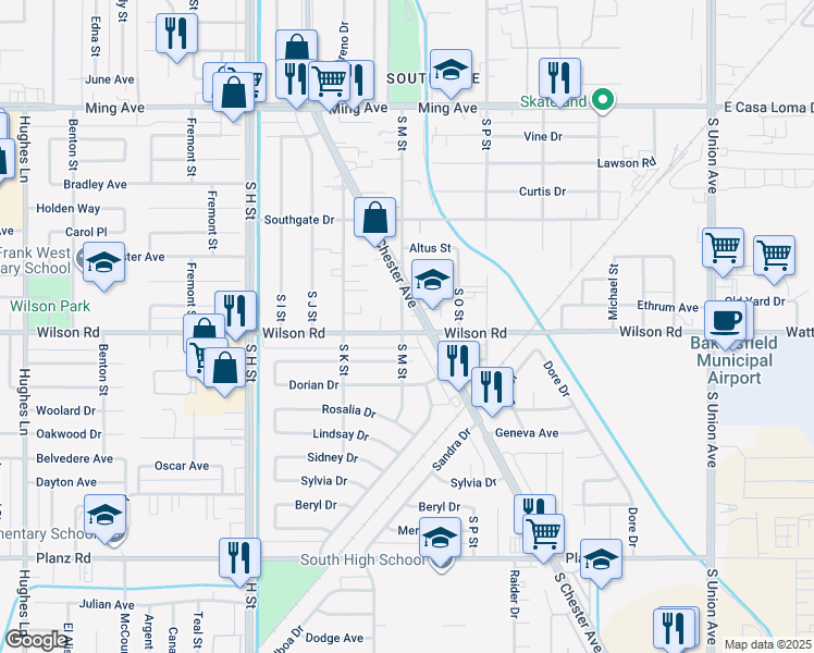 map of restaurants, bars, coffee shops, grocery stores, and more near in Kern County