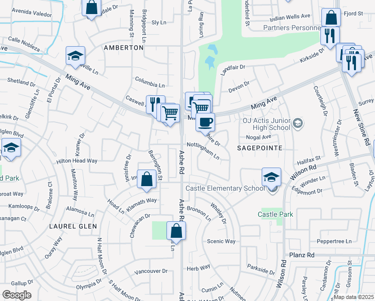 map of restaurants, bars, coffee shops, grocery stores, and more near 2601 Ashe Road in Bakersfield