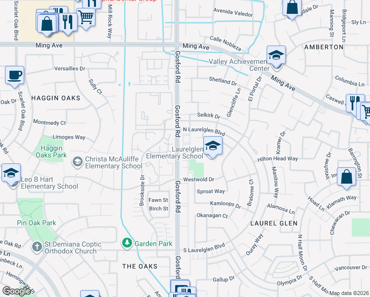map of restaurants, bars, coffee shops, grocery stores, and more near 2316 Gosford Road in Bakersfield