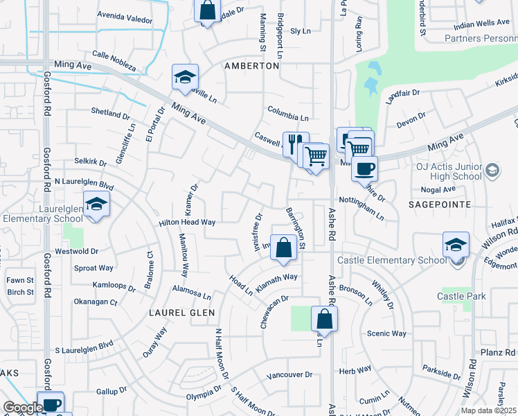 map of restaurants, bars, coffee shops, grocery stores, and more near 6901 Seapines Drive in Bakersfield