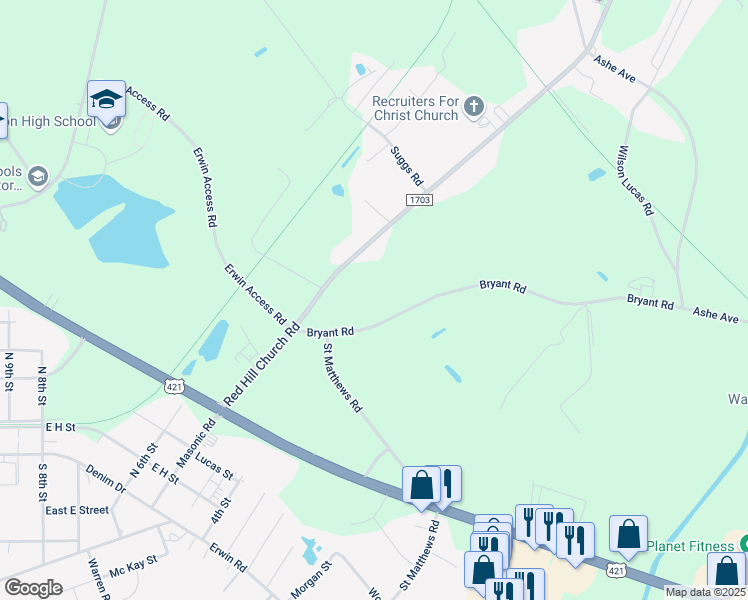 map of restaurants, bars, coffee shops, grocery stores, and more near 195 Nc Highway 82 in Dunn