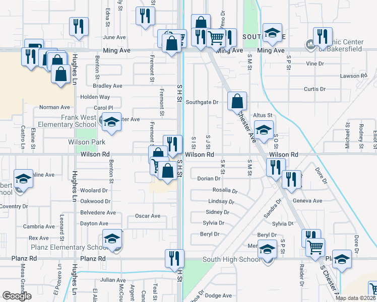 map of restaurants, bars, coffee shops, grocery stores, and more near 1608 Wilson Road in Bakersfield