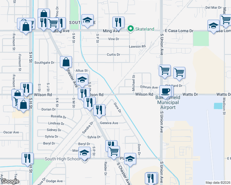 map of restaurants, bars, coffee shops, grocery stores, and more near 830 Wilson Road in Bakersfield