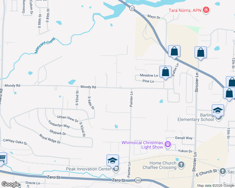 map of restaurants, bars, coffee shops, grocery stores, and more near 9600 Moody Road in Fort Smith