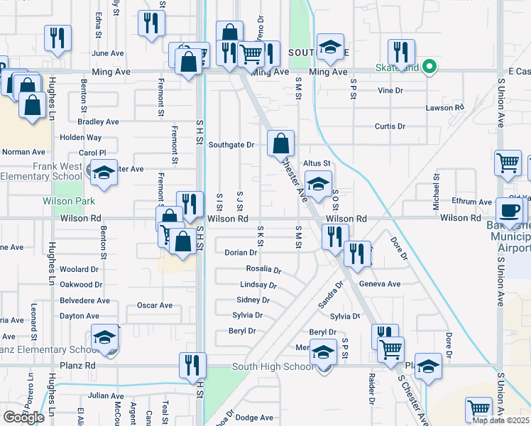 map of restaurants, bars, coffee shops, grocery stores, and more near 2430 South K Street in Bakersfield