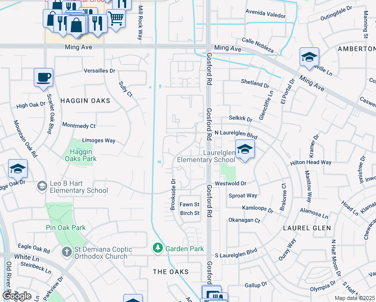 map of restaurants, bars, coffee shops, grocery stores, and more near 2600 Brookside Drive in Bakersfield