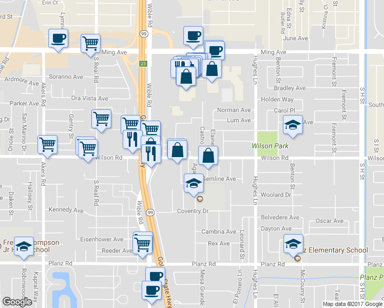 map of restaurants, bars, coffee shops, grocery stores, and more near 2916 Wilson Road in Bakersfield