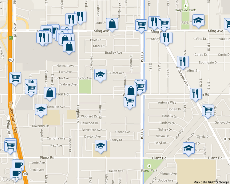 map of restaurants, bars, coffee shops, grocery stores, and more near 2420 Marshall Street in Bakersfield