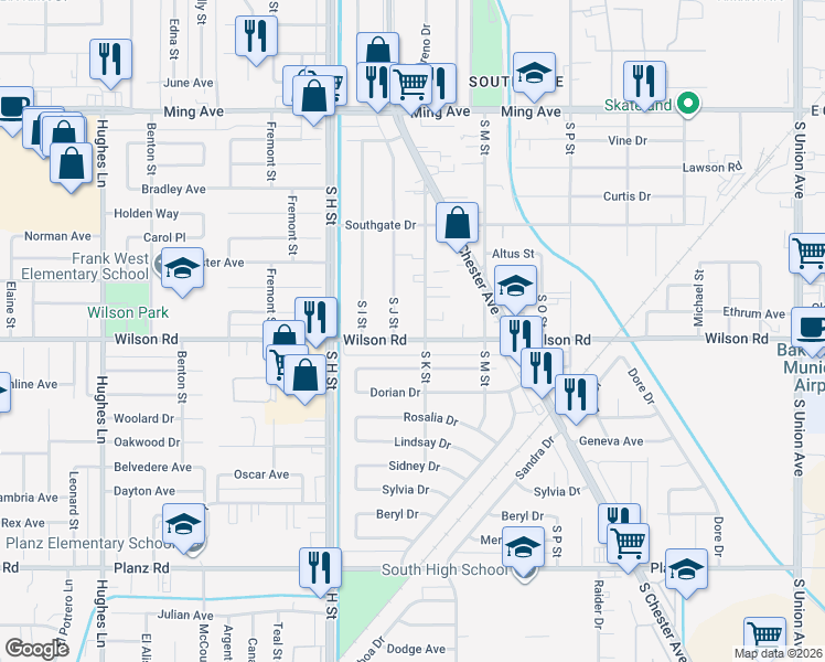 map of restaurants, bars, coffee shops, grocery stores, and more near 1410 Wilson Road in Bakersfield