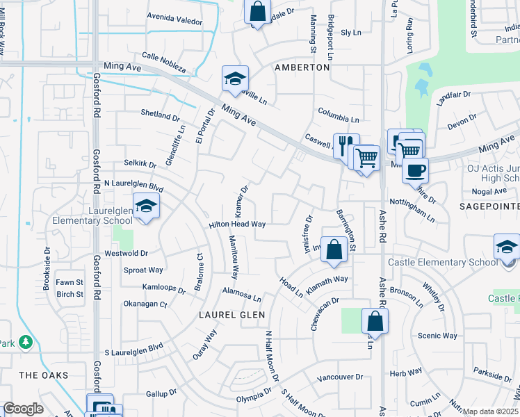 map of restaurants, bars, coffee shops, grocery stores, and more near 2504 Moffitt Way in Bakersfield