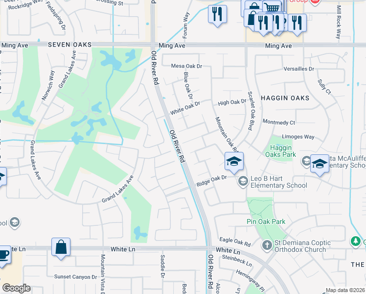 map of restaurants, bars, coffee shops, grocery stores, and more near 9913 Spring Oak Drive in Bakersfield
