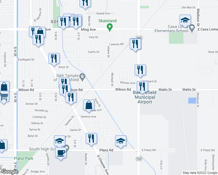 map of restaurants, bars, coffee shops, grocery stores, and more near 308 Wilson Road in Bakersfield