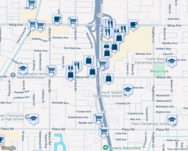 map of restaurants, bars, coffee shops, grocery stores, and more near 3400 Wilson Road in Bakersfield