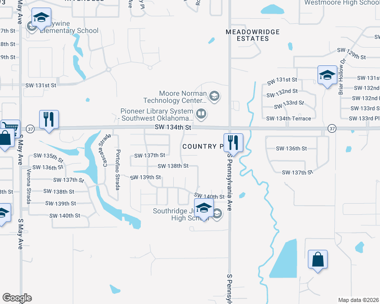 map of restaurants, bars, coffee shops, grocery stores, and more near 2221 Southwest 137th Place in Oklahoma City