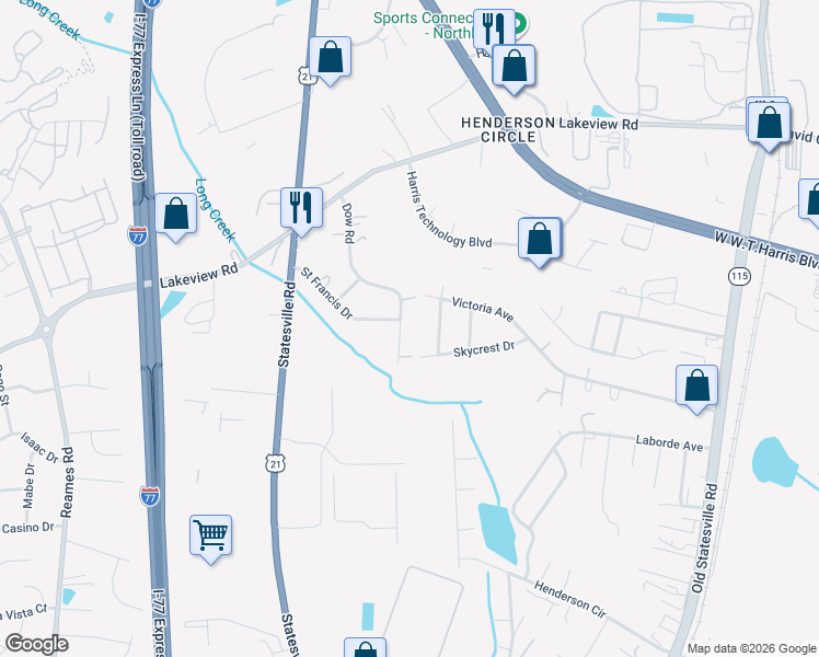 map of restaurants, bars, coffee shops, grocery stores, and more near 8032 Dow Road in Charlotte