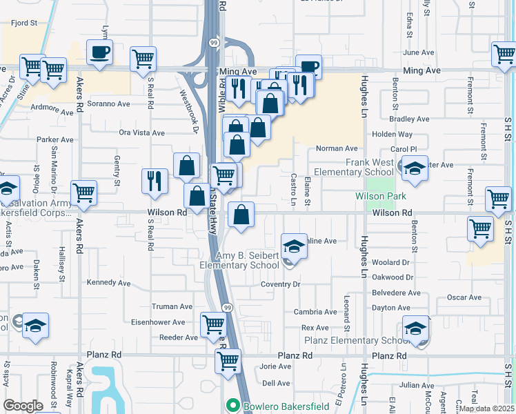 map of restaurants, bars, coffee shops, grocery stores, and more near 3100 Wilson Road in Bakersfield