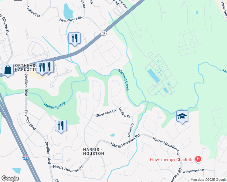 map of restaurants, bars, coffee shops, grocery stores, and more near 3526 Dashiel Drive in Charlotte