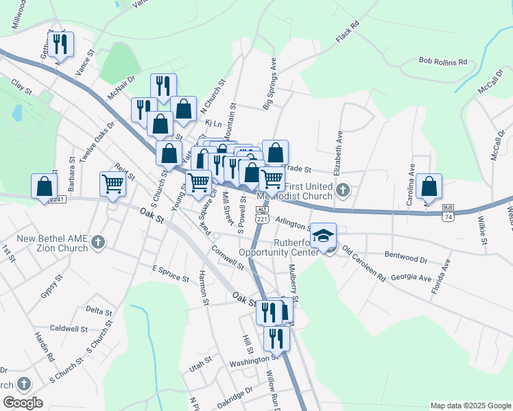 map of restaurants, bars, coffee shops, grocery stores, and more near 124 South Broadway Street in Forest City