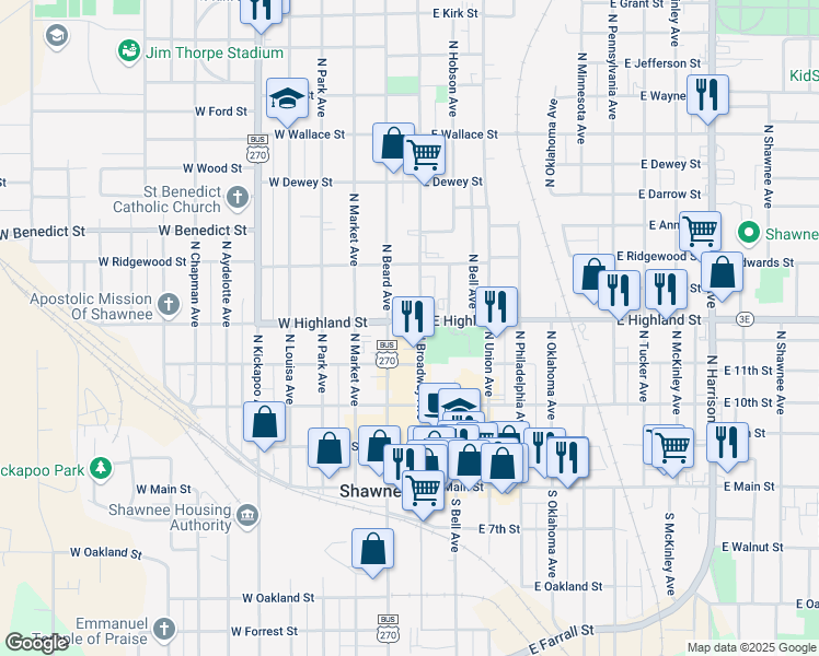 map of restaurants, bars, coffee shops, grocery stores, and more near 432 North Broadway Avenue in Shawnee