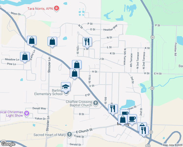 map of restaurants, bars, coffee shops, grocery stores, and more near 1007 H Street in Barling