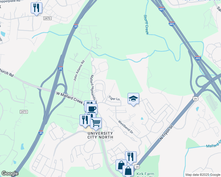 map of restaurants, bars, coffee shops, grocery stores, and more near 10259 Garrett Grigg Road in Charlotte