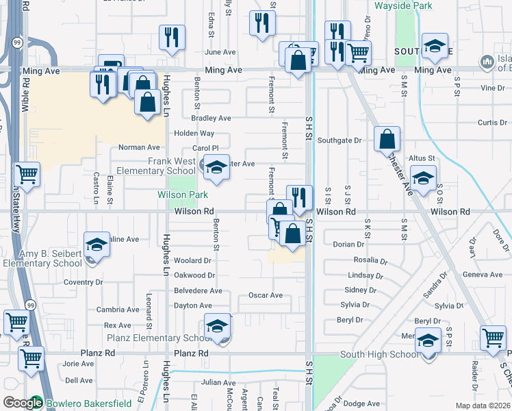 map of restaurants, bars, coffee shops, grocery stores, and more near 2420 Marshall Street in Bakersfield