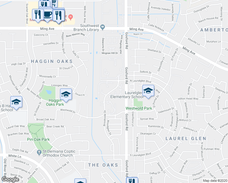 map of restaurants, bars, coffee shops, grocery stores, and more near 2600 Brookside Drive in Bakersfield