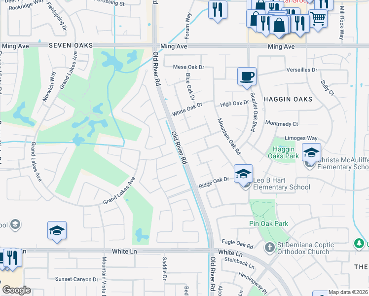 map of restaurants, bars, coffee shops, grocery stores, and more near 9913 Spring Oak Drive in Bakersfield