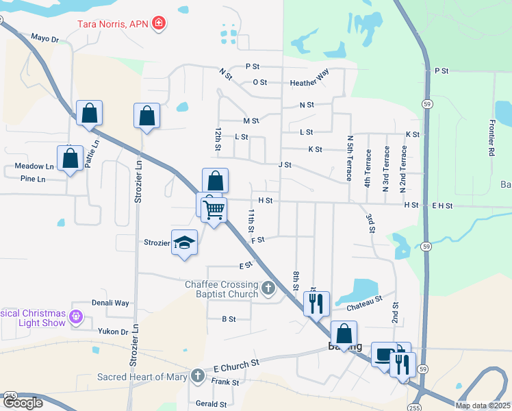 map of restaurants, bars, coffee shops, grocery stores, and more near 1009 H Street in Barling