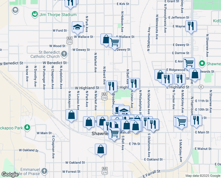 map of restaurants, bars, coffee shops, grocery stores, and more near 432 North Broadway Avenue in Shawnee