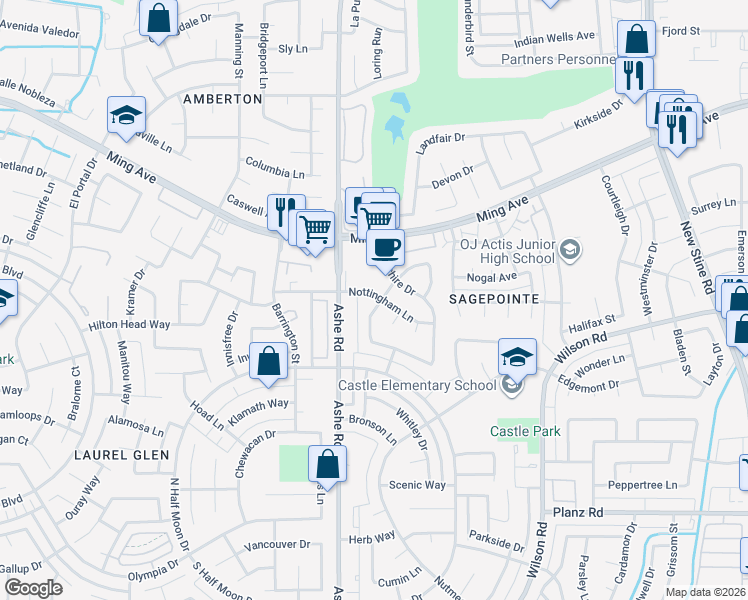 map of restaurants, bars, coffee shops, grocery stores, and more near 6401 Nottingham Lane in Bakersfield