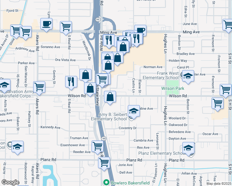 map of restaurants, bars, coffee shops, grocery stores, and more near 3100 Wilson Road in Bakersfield